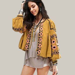 Anthropologie Mustard and Coral Embroidered Jacket